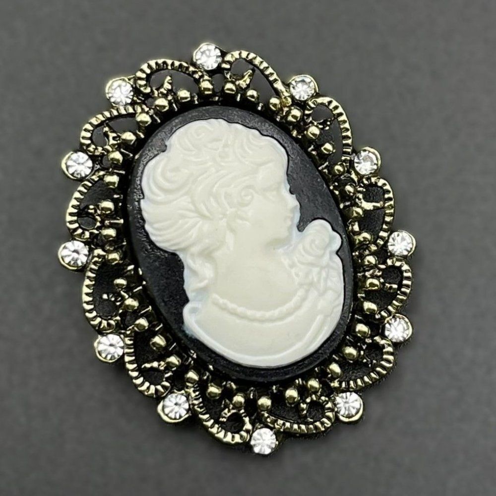 Yellow Gold and Black with Diamond Crystal Victorian Lady Cameo Pin Back Brooch